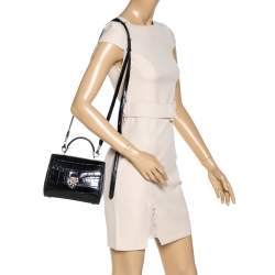 Aspinal of London Black Croc Embossed Leather Small Mayfair Top Handle Bag