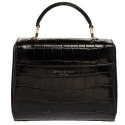 Aspinal of London Black Croc Embossed Leather Small Mayfair Top Handle Bag
