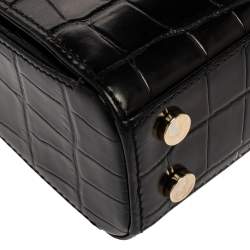 Aspinal of London Black Croc Embossed Leather Small Mayfair Top Handle Bag