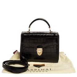 Aspinal of London Black Croc Embossed Leather Small Mayfair Top Handle Bag