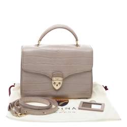 Pre Owned Aspinal Of London Beige Croc Embossed Leather Mayfair Top Handle Bag