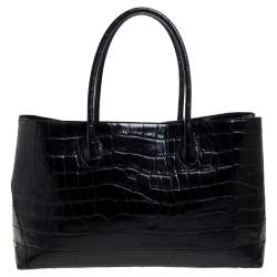 Pre Owned Aspinal Of London Black Croc Embossed Leather The London Tote