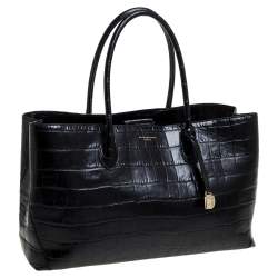 Pre Owned Aspinal Of London Black Croc Embossed Leather The London Tote