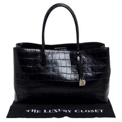 Pre Owned Aspinal Of London Black Croc Embossed Leather The London Tote