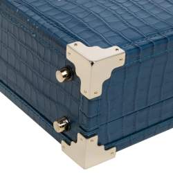 Aspinal of London Blue Croc Embossed Leather Mini Trunk Top Handle Bag