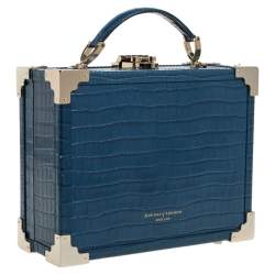 Aspinal of London Blue Croc Embossed Leather Mini Trunk Top Handle Bag