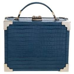 Aspinal of London Blue Croc Embossed Leather Mini Trunk Top Handle Bag