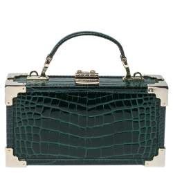 Pre Owned Aspinal of London Green Croc Emboosed Patent Leather Trinket Top Handle Bag 