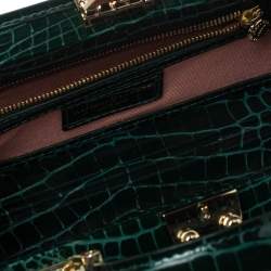 Pre Owned Aspinal of London Green Croc Emboosed Patent Leather Trinket Top Handle Bag 