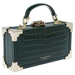 Pre Owned Aspinal of London Green Croc Emboosed Patent Leather Trinket Top Handle Bag 