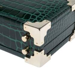 Pre Owned Aspinal of London Green Croc Emboosed Patent Leather Trinket Top Handle Bag 