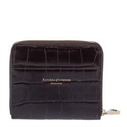 Aspinal of London Dark Brown Croc Embossed Leather Zip Around Compact Wallet