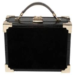 Aspinal of London Black Croc Emboosed Leather and Velvet Trinket Top Handle Bag 