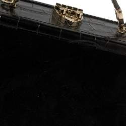 Aspinal of London Black Croc Emboosed Leather and Velvet Trinket Top Handle Bag 