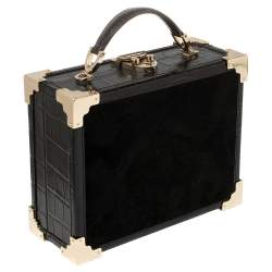 Aspinal of London Black Croc Emboosed Leather and Velvet Trinket Top Handle Bag 