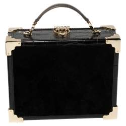 Aspinal of London Black Croc Emboosed Leather and Velvet Trinket Top Handle Bag 