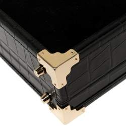 Aspinal of London Black Croc Emboosed Leather and Velvet Trinket Top Handle Bag 