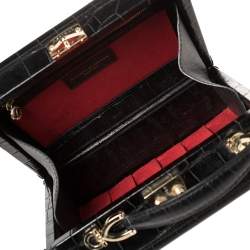 Aspinal of London Black Croc Emboosed Leather and Velvet Trinket Top Handle Bag 