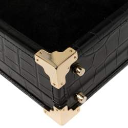 Aspinal of London Black Croc Emboosed Leather and Velvet Trinket Top Handle Bag 