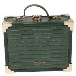Aspinal of London Green Croc Embossed Leather Trinket Top Handle Bag 