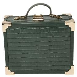Aspinal of London Green Croc Embossed Leather Trinket Top Handle Bag 