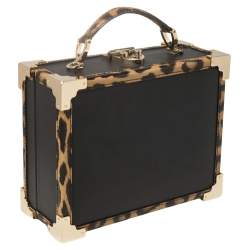 Aspinal Of London Black/Beige Leather and Coated Canvas Trunk Top Handle Bag