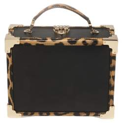 Aspinal Of London Black/Beige Leather and Coated Canvas Trunk Top Handle Bag