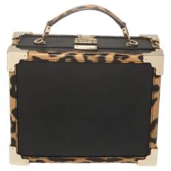 Aspinal Of London Black/Beige Leather and Coated Canvas Trunk Top Handle Bag