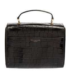 Aspinal Of London Black Croc Embossed Leather Mayfair Top Handle Bag