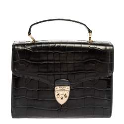 Aspinal Of London Black Croc Embossed Leather Mayfair Top Handle Bag