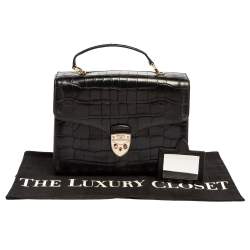 Aspinal Of London Black Croc Embossed Leather Mayfair Top Handle Bag