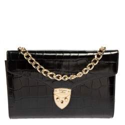 Aspinal Of London Black Croc Embossed Leather Chain Mayfair Shoulder Bag