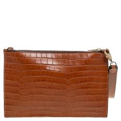 Aspinal Of London Brown Croc Embossed Leather Soho Wristlet Clutch