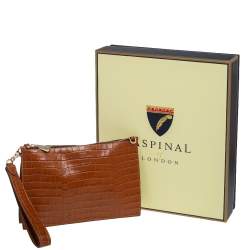Aspinal Of London Brown Croc Embossed Leather Soho Wristlet Clutch