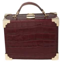 Aspinal Of London Burgundy Croc Embossed Leather Trunk Top Handle Bag