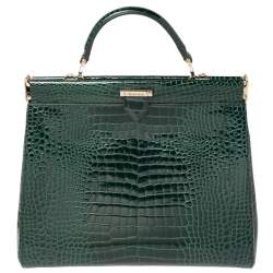 Aspinal Of London Green Croc Embossed Leather Top Handle Bag