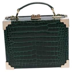 Aspinal of London Green Croc Embossed Leather Trinket Top Handle Bag 