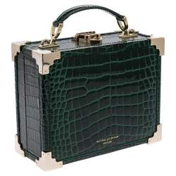 Aspinal of London Green Croc Embossed Leather Trinket Top Handle Bag 