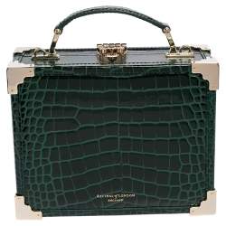 Aspinal of London Green Croc Embossed Leather Trinket Top Handle Bag 