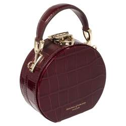 Aspinal Of London Burgundy Croc Embossed Leather Hat Box Shoulder Bag