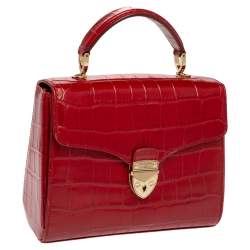 Pre Owned Aspinal of London Red Croc Embossed Leather Small Mayfair Top Handle Bag