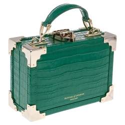 Pre Owned Aspinal Of London Green Croc Embossed Leather Micro Trunk Top Handle Bag