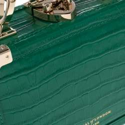 Pre Owned Aspinal Of London Green Croc Embossed Leather Micro Trunk Top Handle Bag