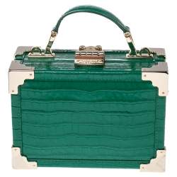 Pre Owned Aspinal Of London Green Croc Embossed Leather Micro Trunk Top Handle Bag
