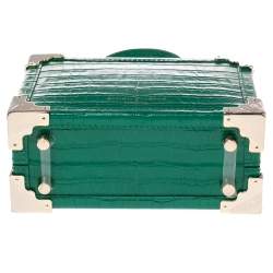 Pre Owned Aspinal Of London Green Croc Embossed Leather Micro Trunk Top Handle Bag