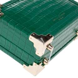 Pre Owned Aspinal Of London Green Croc Embossed Leather Micro Trunk Top Handle Bag