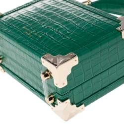 Pre Owned Aspinal Of London Green Croc Embossed Leather Micro Trunk Top Handle Bag