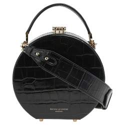 Aspinal Of London Black Croc Embossed Leather Hat Box Shoulder Bag