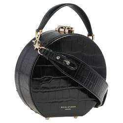 Aspinal Of London Black Croc Embossed Leather Hat Box Shoulder Bag
