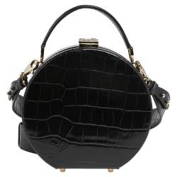 Aspinal Of London Black Croc Embossed Leather Hat Box Shoulder Bag